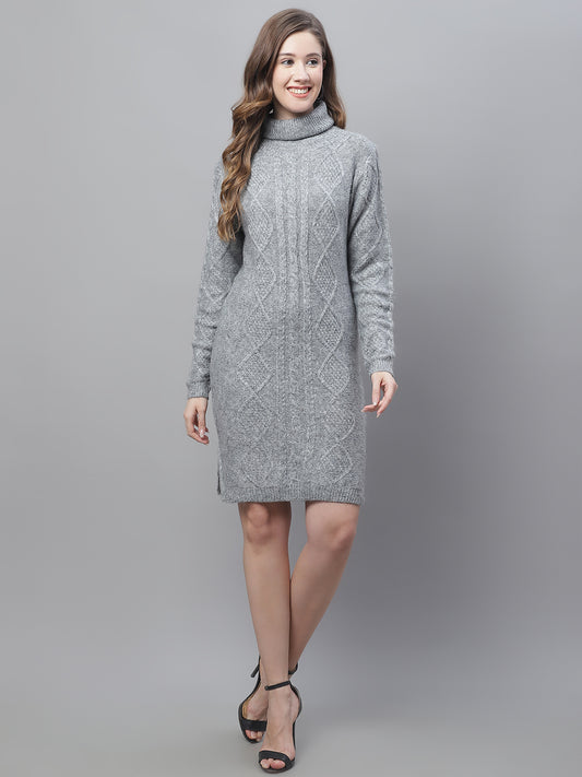 Acrylic Bodycon High Neck Cable Knit Grey Dress