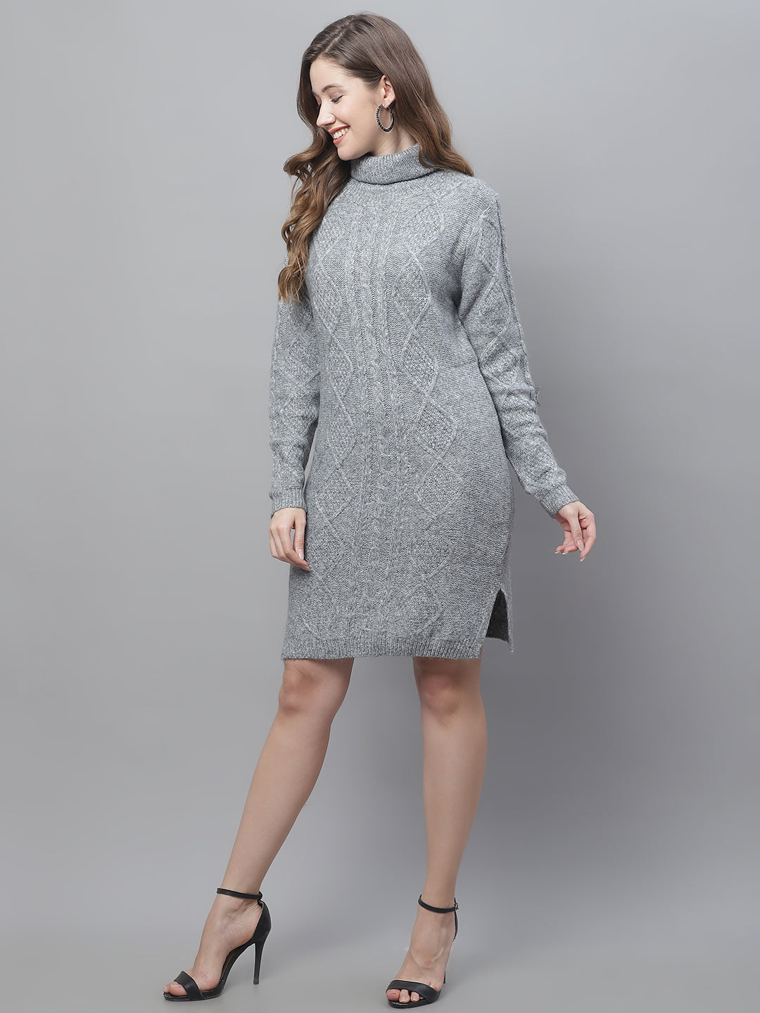 Acrylic Bodycon High Neck Cable Knit Grey Dress