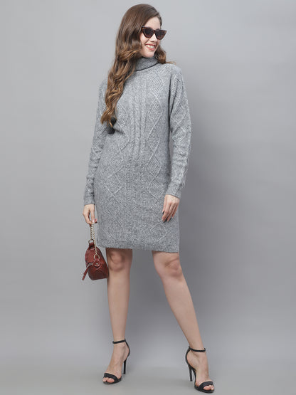 Acrylic Bodycon High Neck Cable Knit Grey Dress