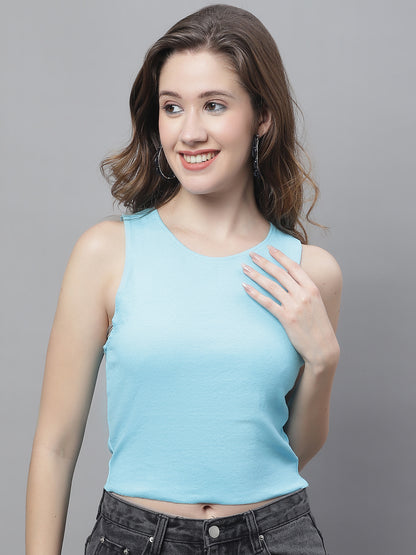 Viscose Sleeveless Round Neck Blue Top