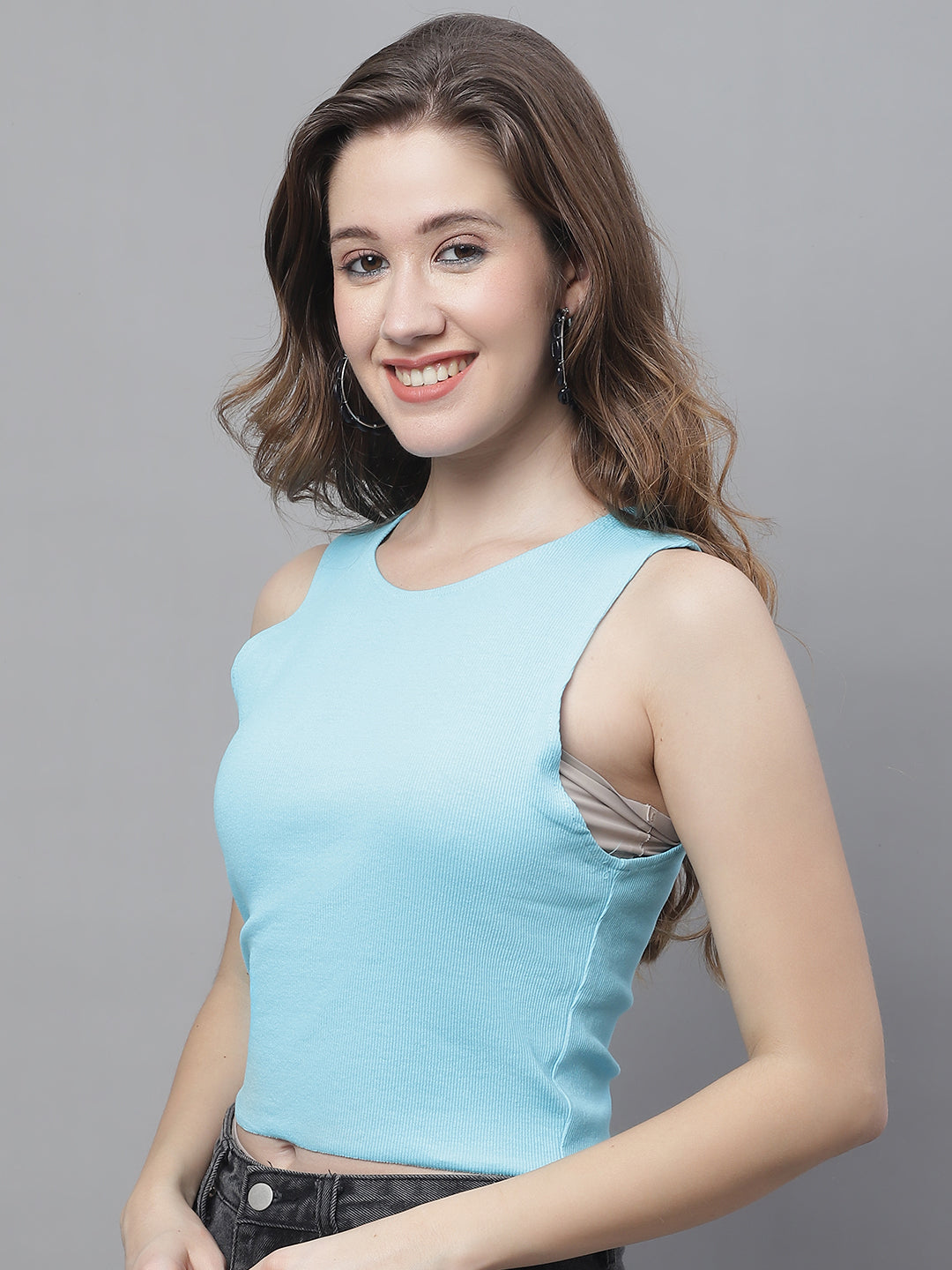 Viscose Sleeveless Round Neck Blue Top