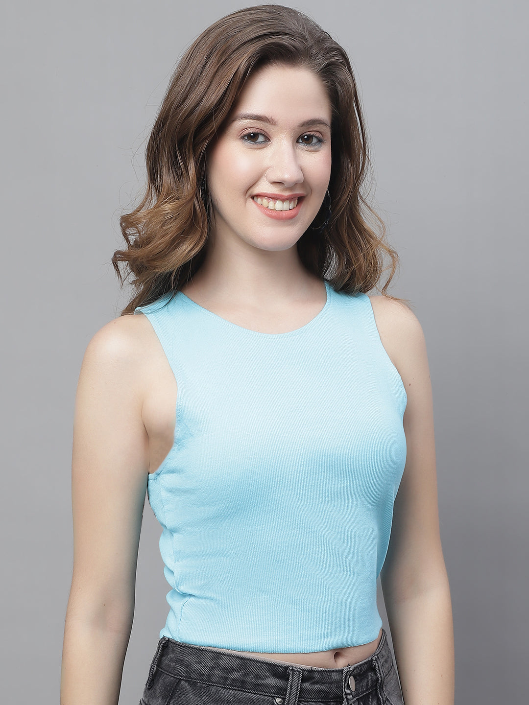 Viscose Sleeveless Round Neck Blue Top