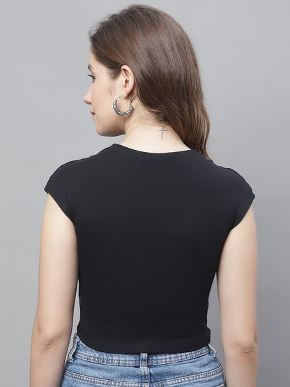 Acrylic Sleeveless Round Neck Black Top