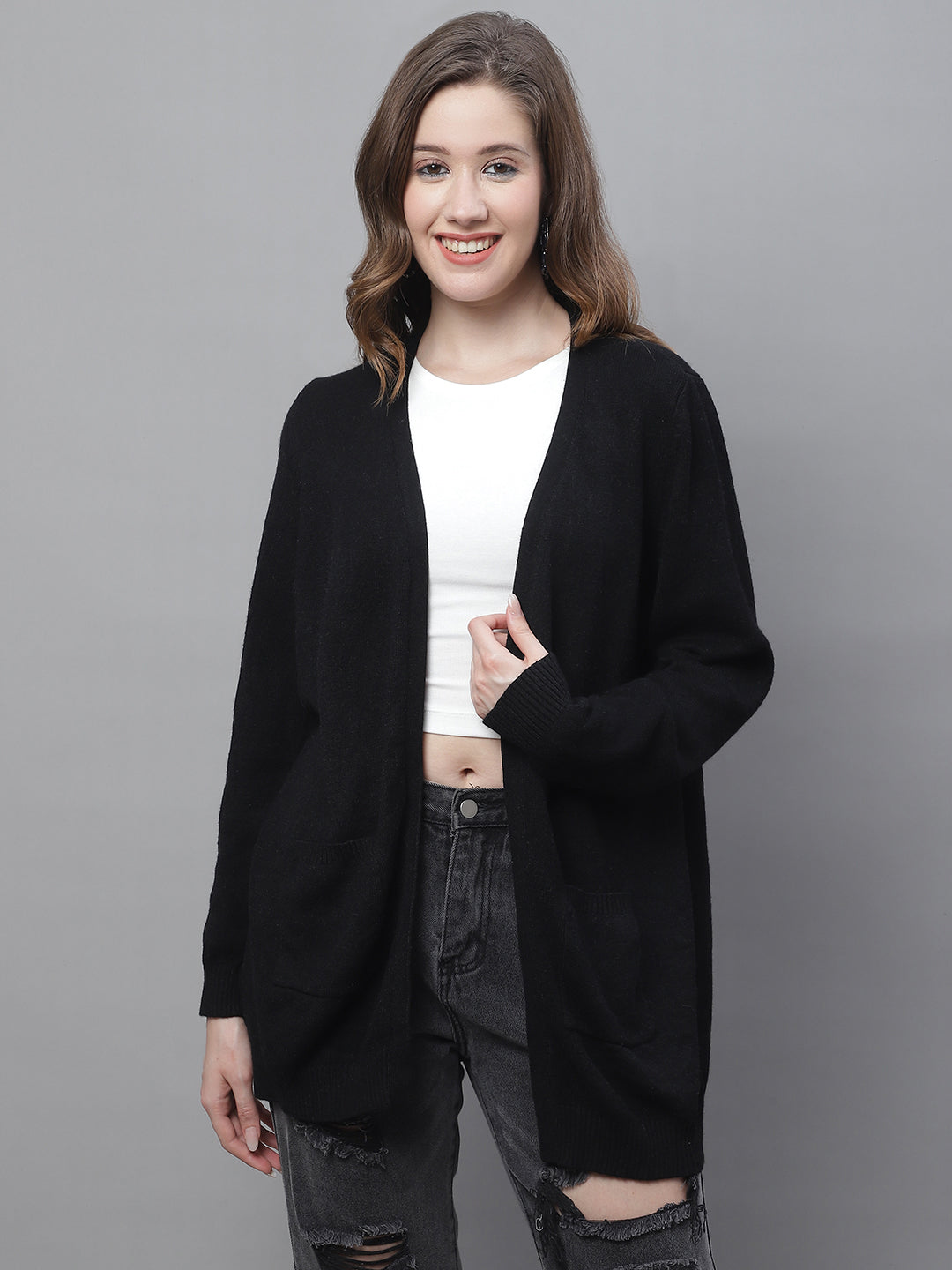 Viscose Full Sleeve Front Open Black Shrug