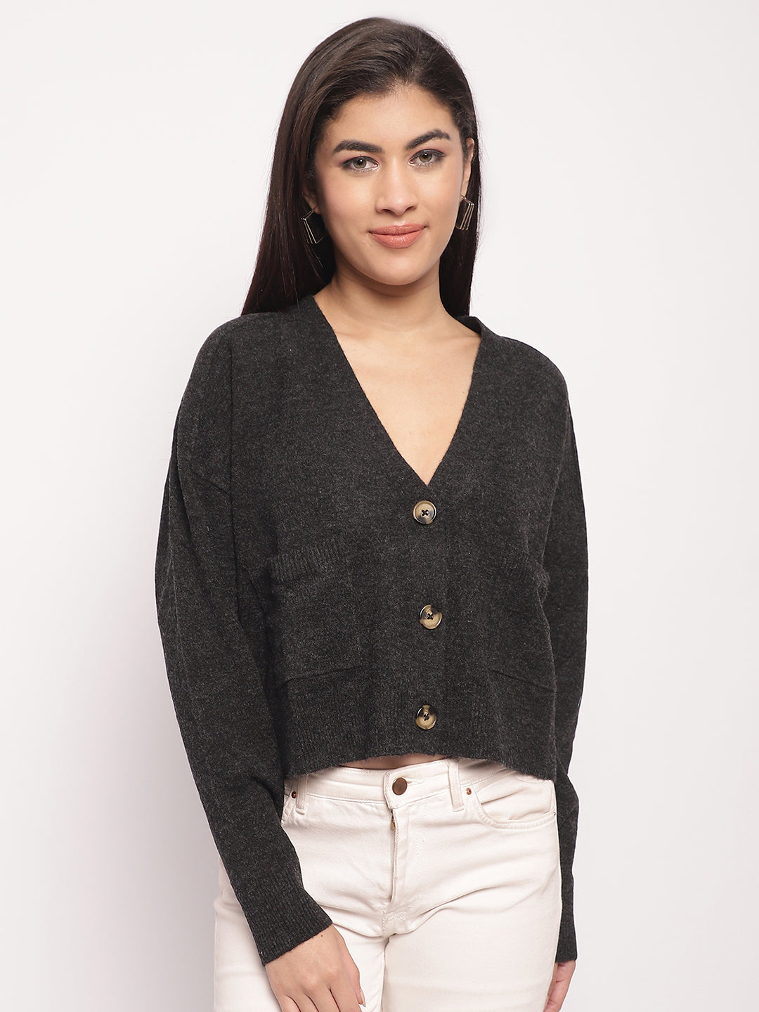 Acrylic Full Sleeve Button Closure V-Neck Black Cardigan