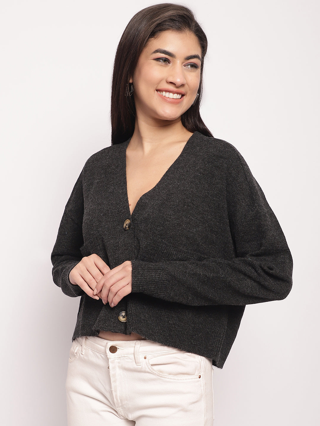 Acrylic Full Sleeve Button Closure V-Neck Black Cardigan