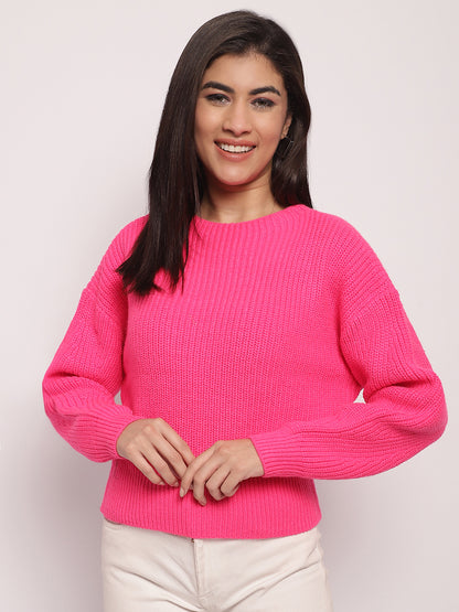 Viscose Round-Neck Full Sleeve Pink Sweater