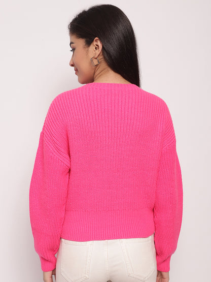 Viscose Round-Neck Full Sleeve Pink Sweater