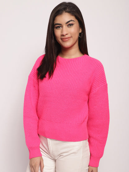 Viscose Round-Neck Full Sleeve Pink Sweater