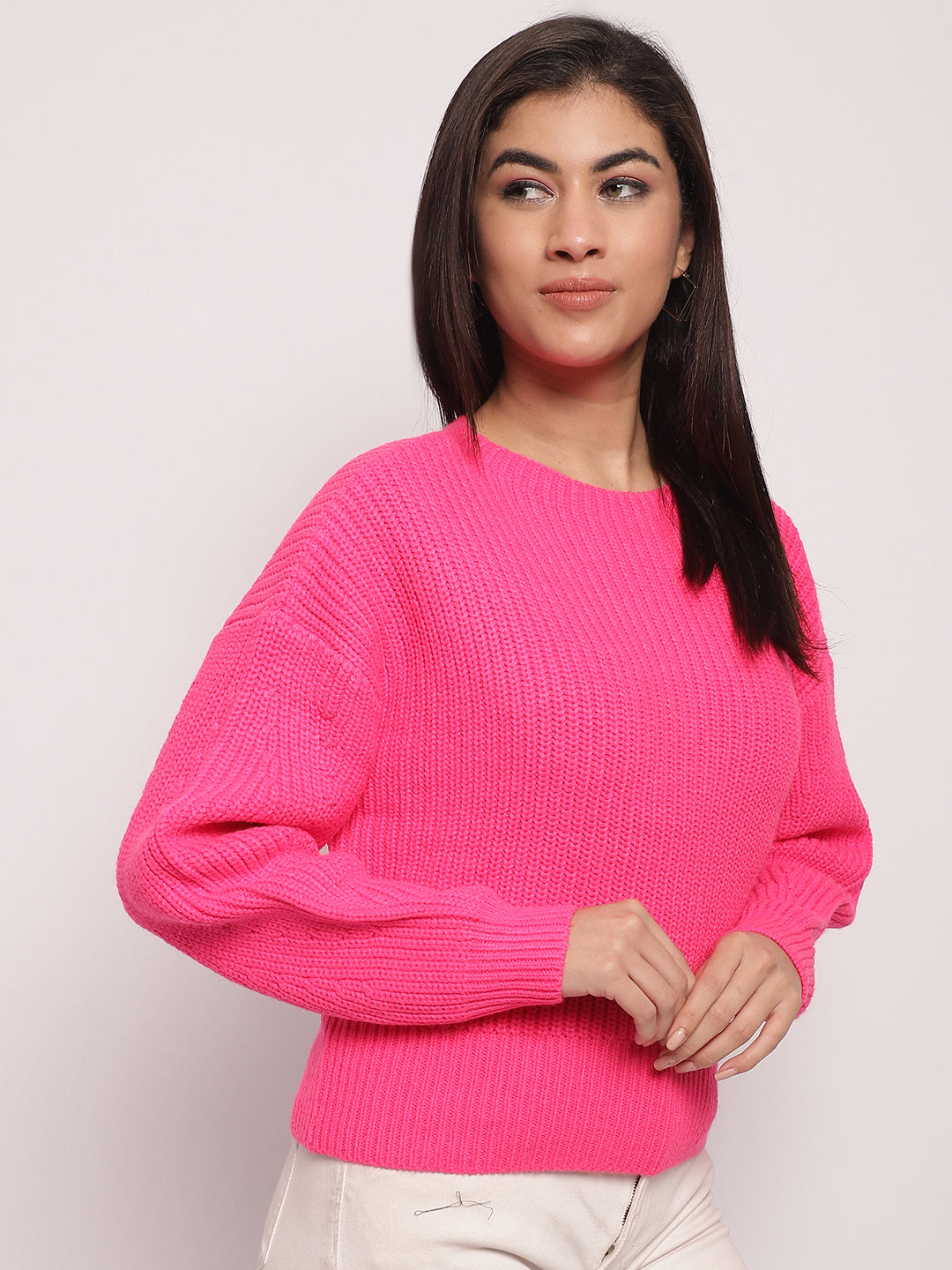 Viscose Round-Neck Full Sleeve Pink Sweater