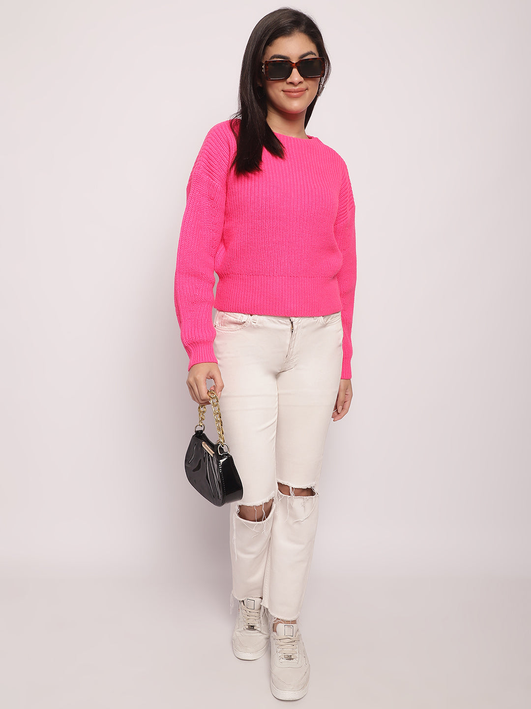 Viscose Round-Neck Full Sleeve Pink Sweater