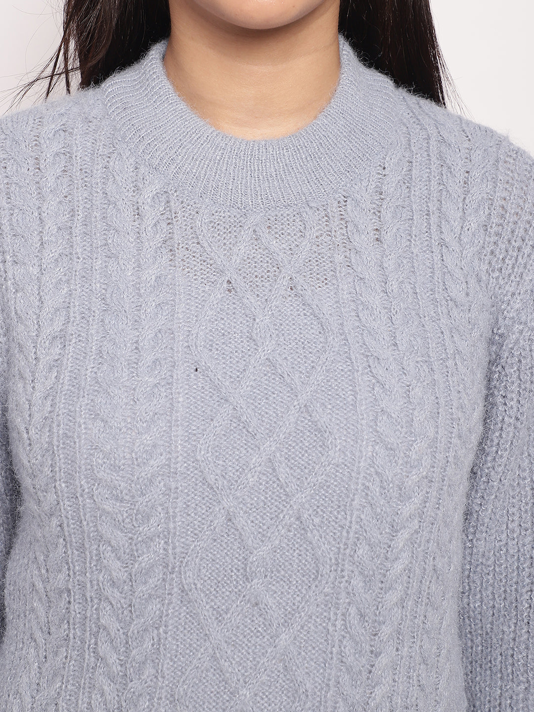 Acrylic Round Neck Full Sleeve Cable Knit Light Blue Sweater