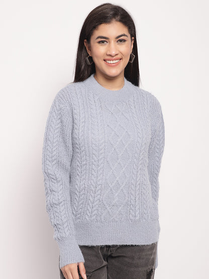 Acrylic Round Neck Full Sleeve Cable Knit Light Blue Sweater