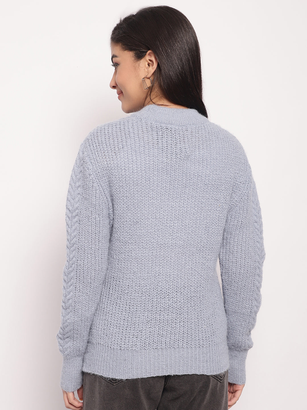 Acrylic Round Neck Full Sleeve Cable Knit Light Blue Sweater