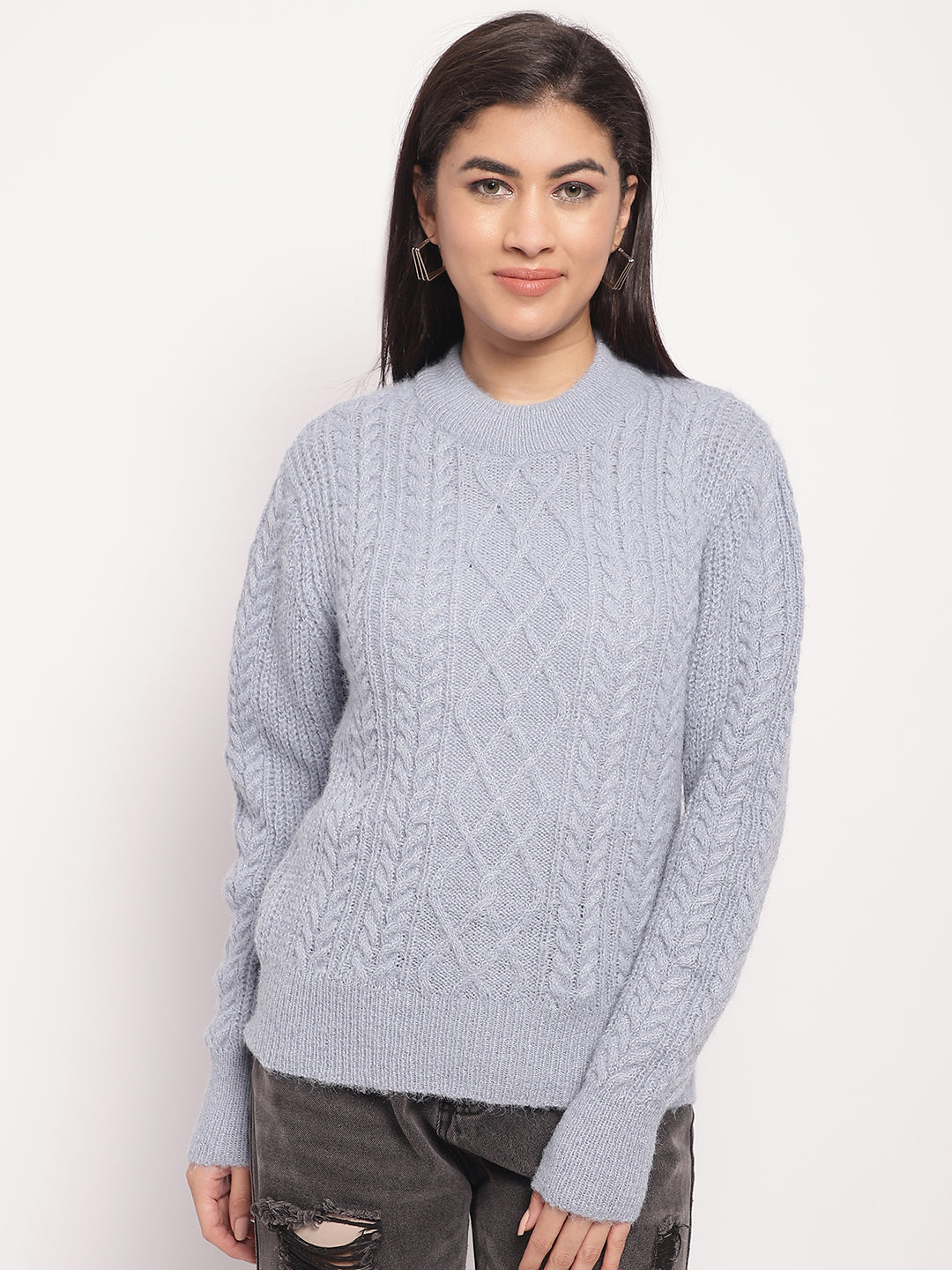 Acrylic Round Neck Full Sleeve Cable Knit Light Blue Sweater