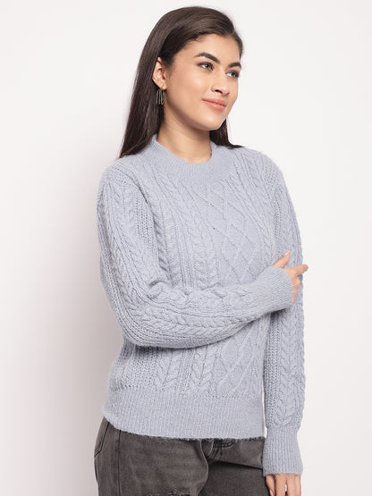 Acrylic Round Neck Full Sleeve Cable Knit Light Blue Sweater