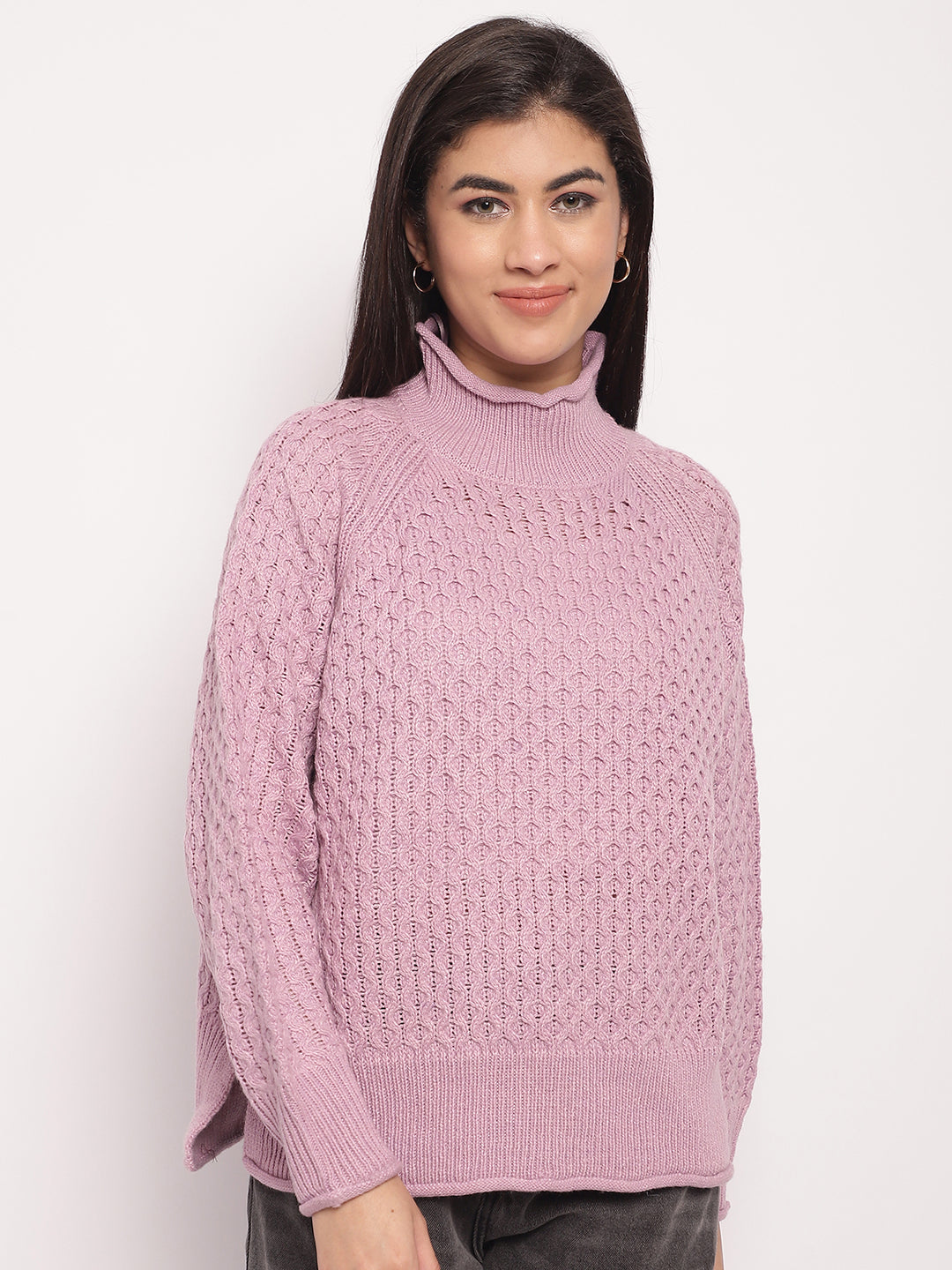 Acrylic High-Neck Full Sleeve Cable knit Purple Sweater