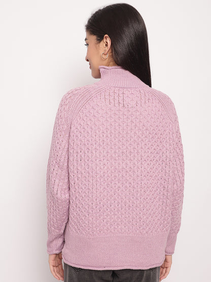 Acrylic High-Neck Full Sleeve Cable knit Purple Sweater