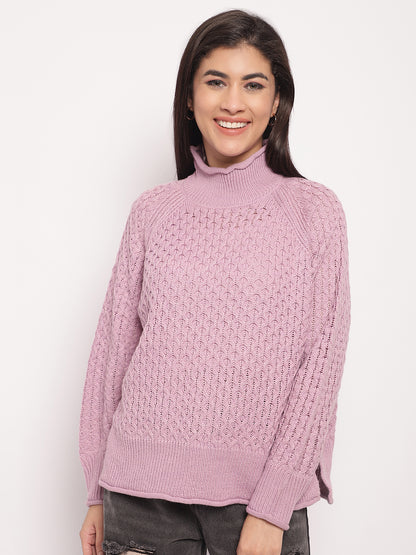 Acrylic High-Neck Full Sleeve Cable knit Purple Sweater