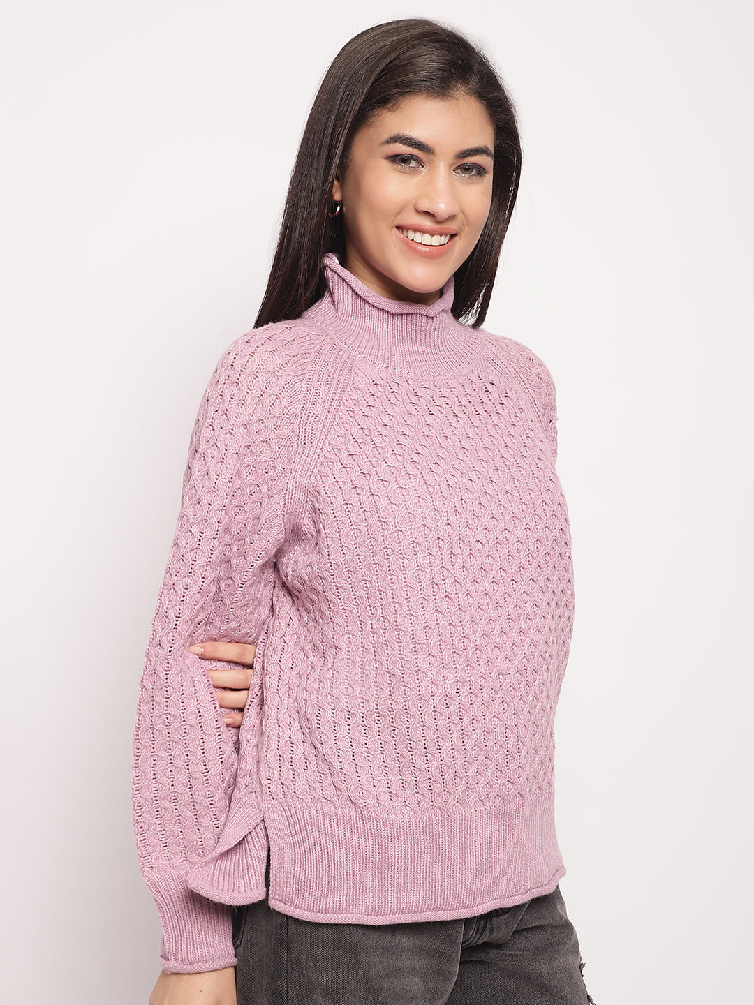 Acrylic High-Neck Full Sleeve Cable knit Purple Sweater