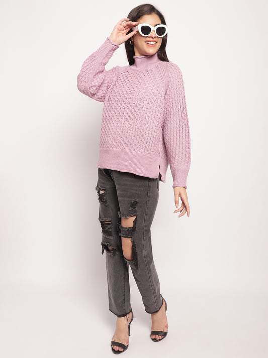 Acrylic High-Neck Full Sleeve Cable knit Purple Sweater