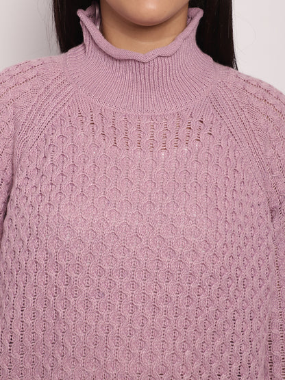 Acrylic High-Neck Full Sleeve Cable knit Purple Sweater