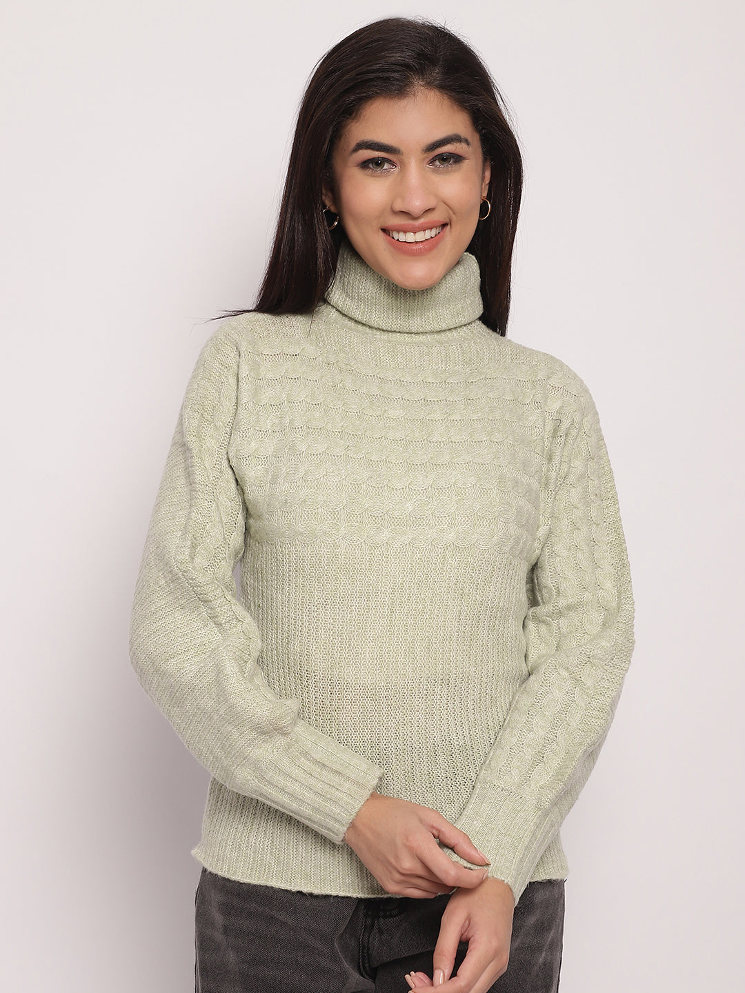 Acrylic High-Neck Full Sleeve Light Green Sweater