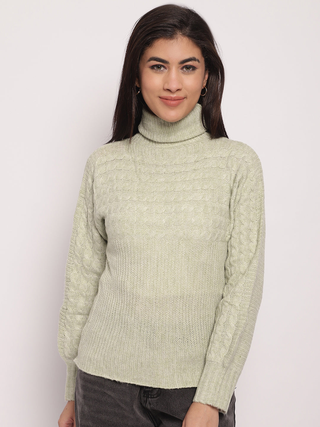 Acrylic High-Neck Full Sleeve Light Green Sweater