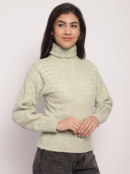 Acrylic High-Neck Full Sleeve Light Green Sweater