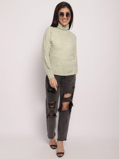 Acrylic High-Neck Full Sleeve Light Green Sweater