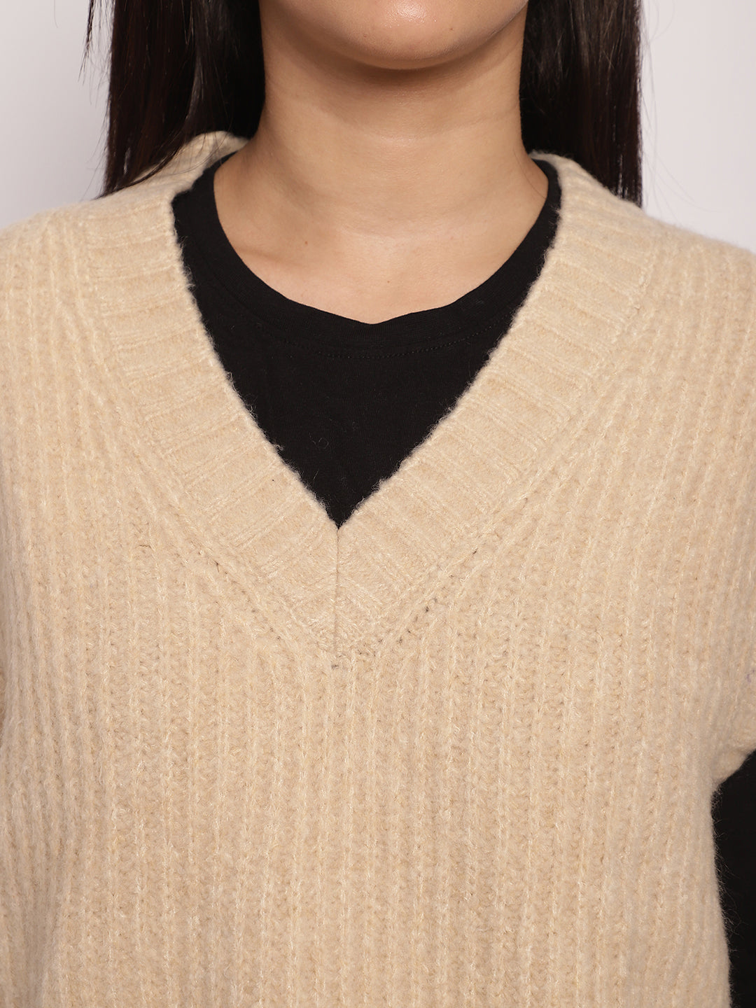 Acrylic V-Neck Vest Sleeveless Beige Sweater