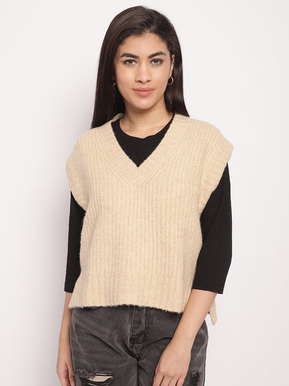 Acrylic V-Neck Vest Sleeveless Beige Sweater