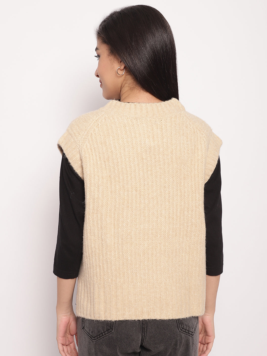 Acrylic V-Neck Vest Sleeveless Beige Sweater