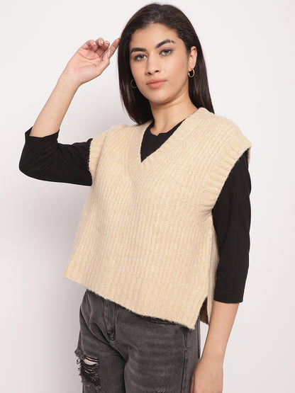 Acrylic V-Neck Vest Sleeveless Beige Sweater