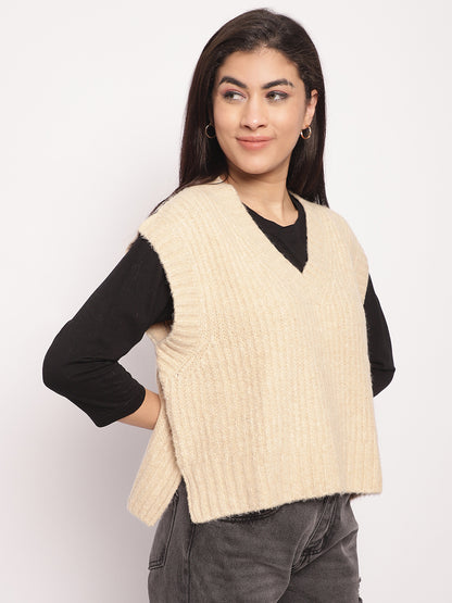 Acrylic V-Neck Vest Sleeveless Beige Sweater