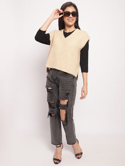 Acrylic V-Neck Vest Sleeveless Beige Sweater