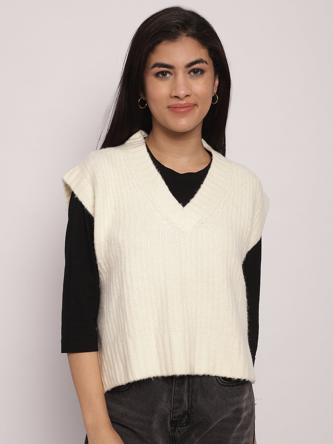 Acrylic V-Neck Vest Sleeveless Cream Sweater