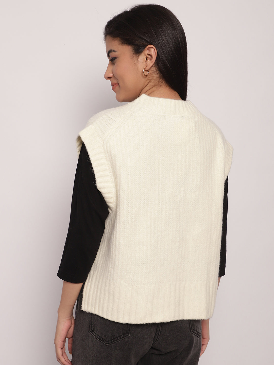 Acrylic V-Neck Vest Sleeveless Cream Sweater