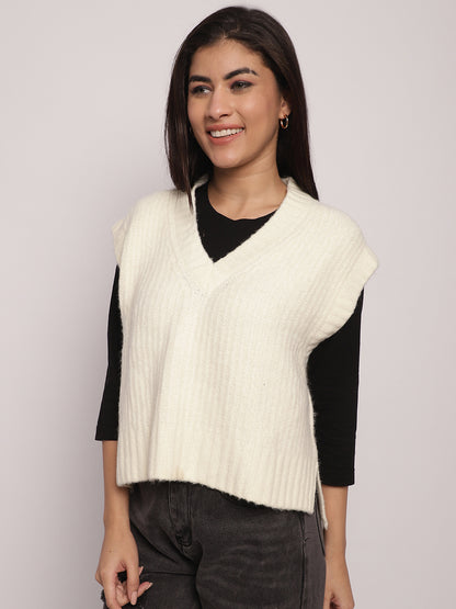 Acrylic V-Neck Vest Sleeveless Cream Sweater