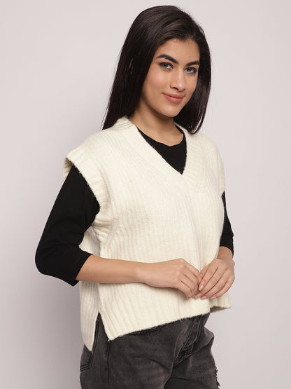 Acrylic V-Neck Vest Sleeveless Cream Sweater