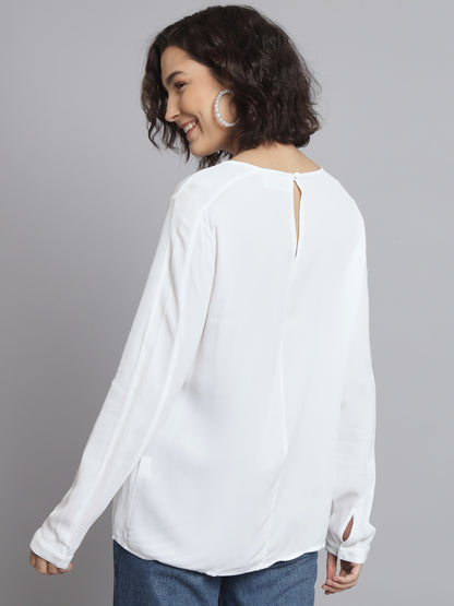 Viscose Full Sleeve Round Neck White Top