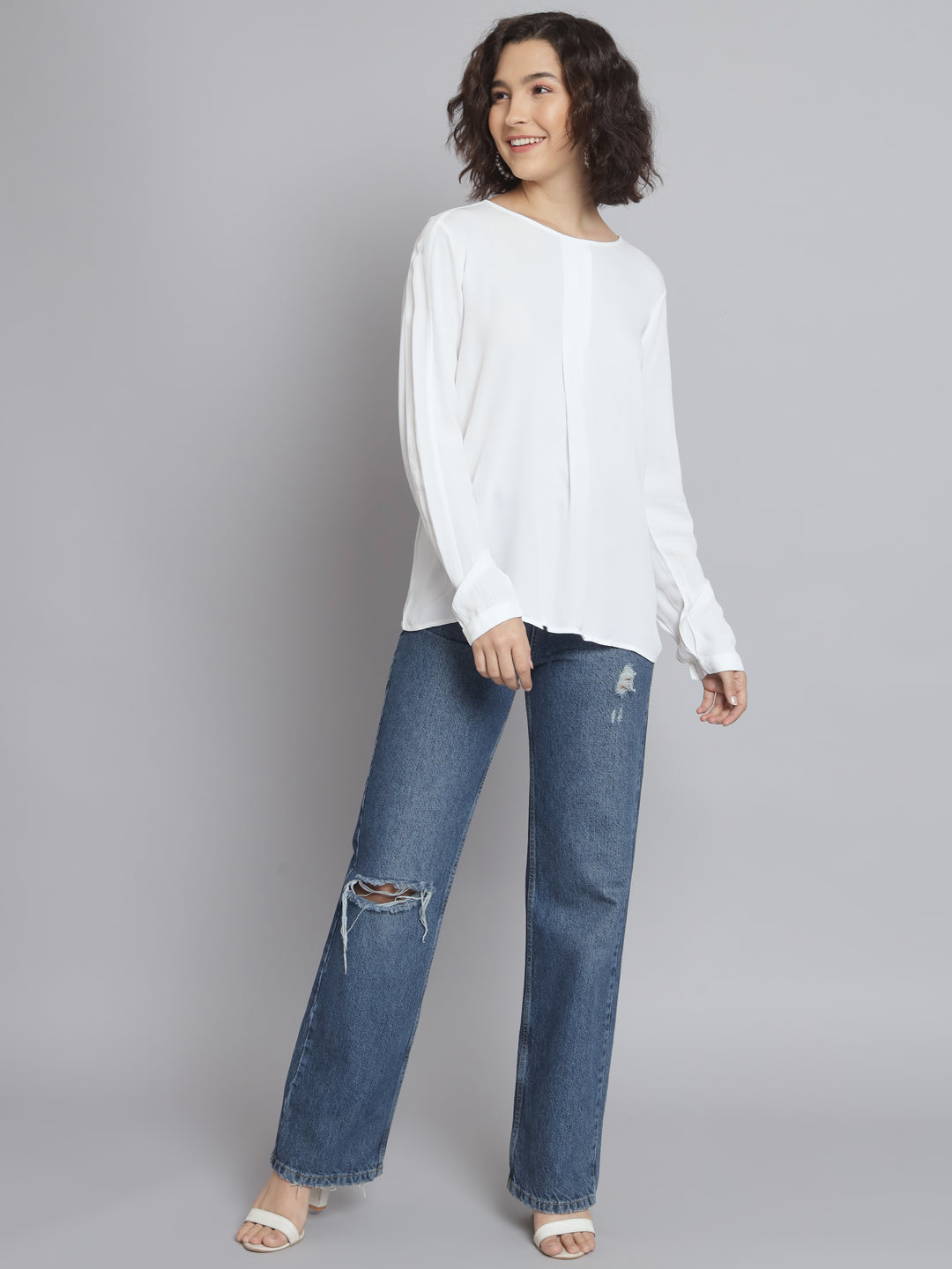 Viscose Full Sleeve Round Neck White Top