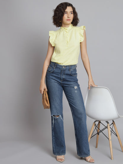 Sleeveless Mandarin Collar Lime Yellow Top