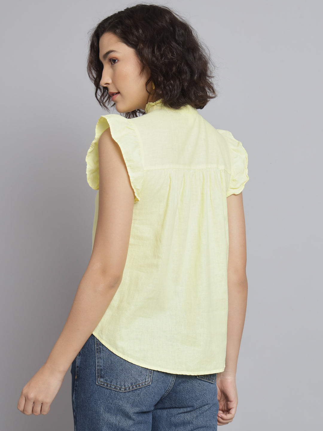 Sleeveless Mandarin Collar Lime Yellow Top