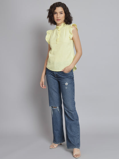 Sleeveless Mandarin Collar Lime Yellow Top