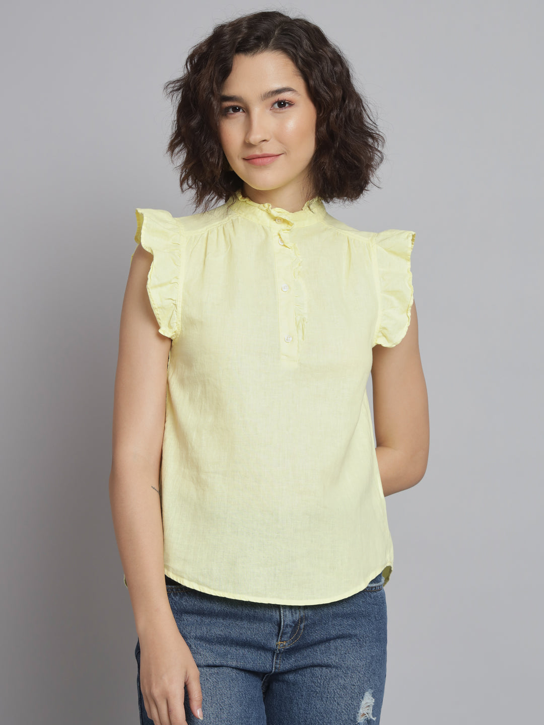 Sleeveless Mandarin Collar Lime Yellow Top