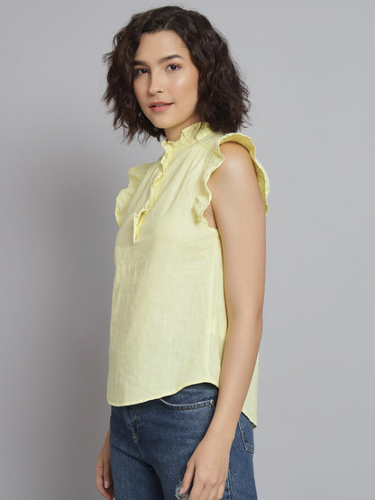 Sleeveless Mandarin Collar Lime Yellow Top