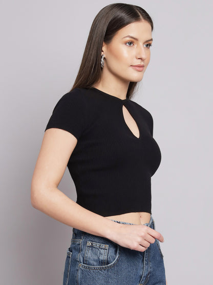 Acrylic Half Sleeve Round Neck Black Top