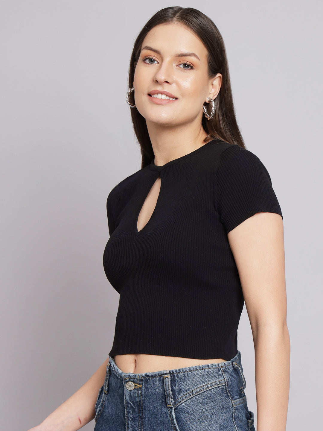 Acrylic Half Sleeve Round Neck Black Top