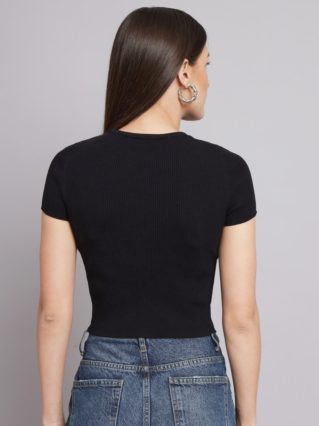 Acrylic Half Sleeve Round Neck Black Top